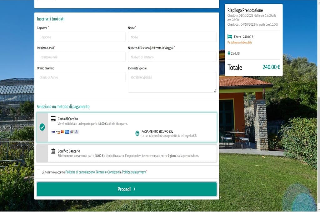Scegli il metodo di pagamento per finalizzare la prenotazione Scegli il metodo di pagamento per prenotare l’appartamento presso l’Agriturismo Le Girandole