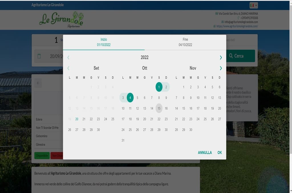 Scegli le date del tuo soggiorno Strumento di scelta delle date del soggiorno presso l’Agriturismo Le Girandole